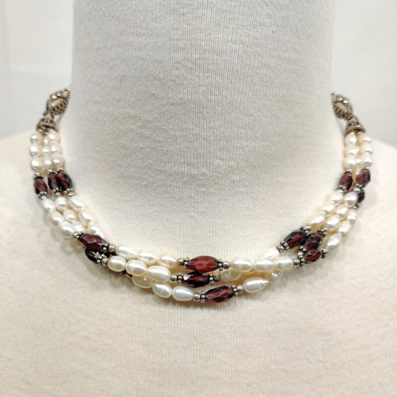 3 Strand Garnet & Pearl Necklace