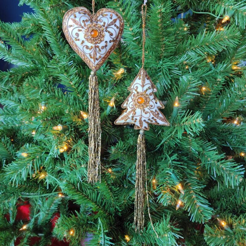 Set/2 Crème Tree & Heart Ornaments