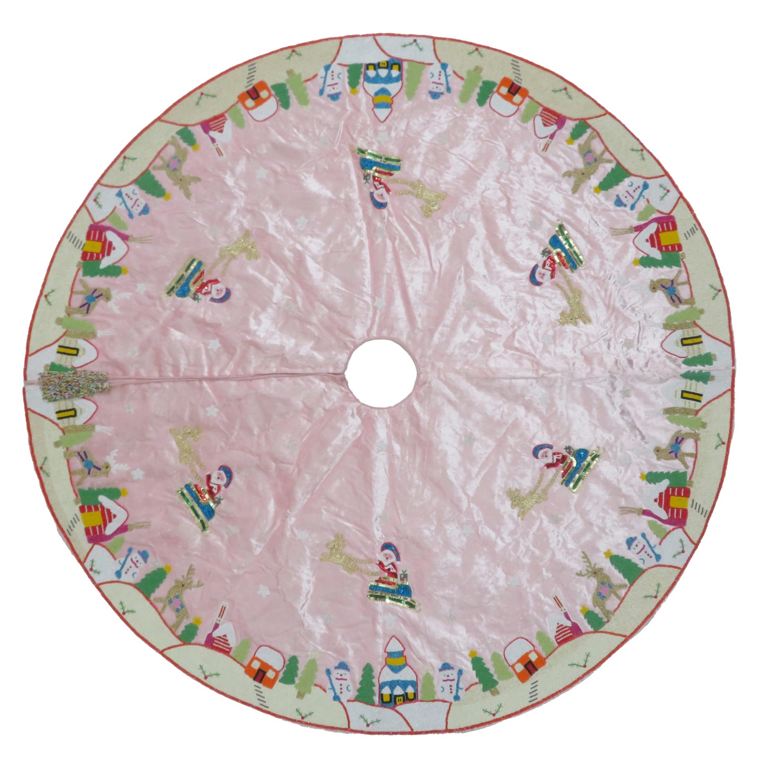 Tree Skirt, Light Pink Base w/Beaded Xmas Scenes - Image 2