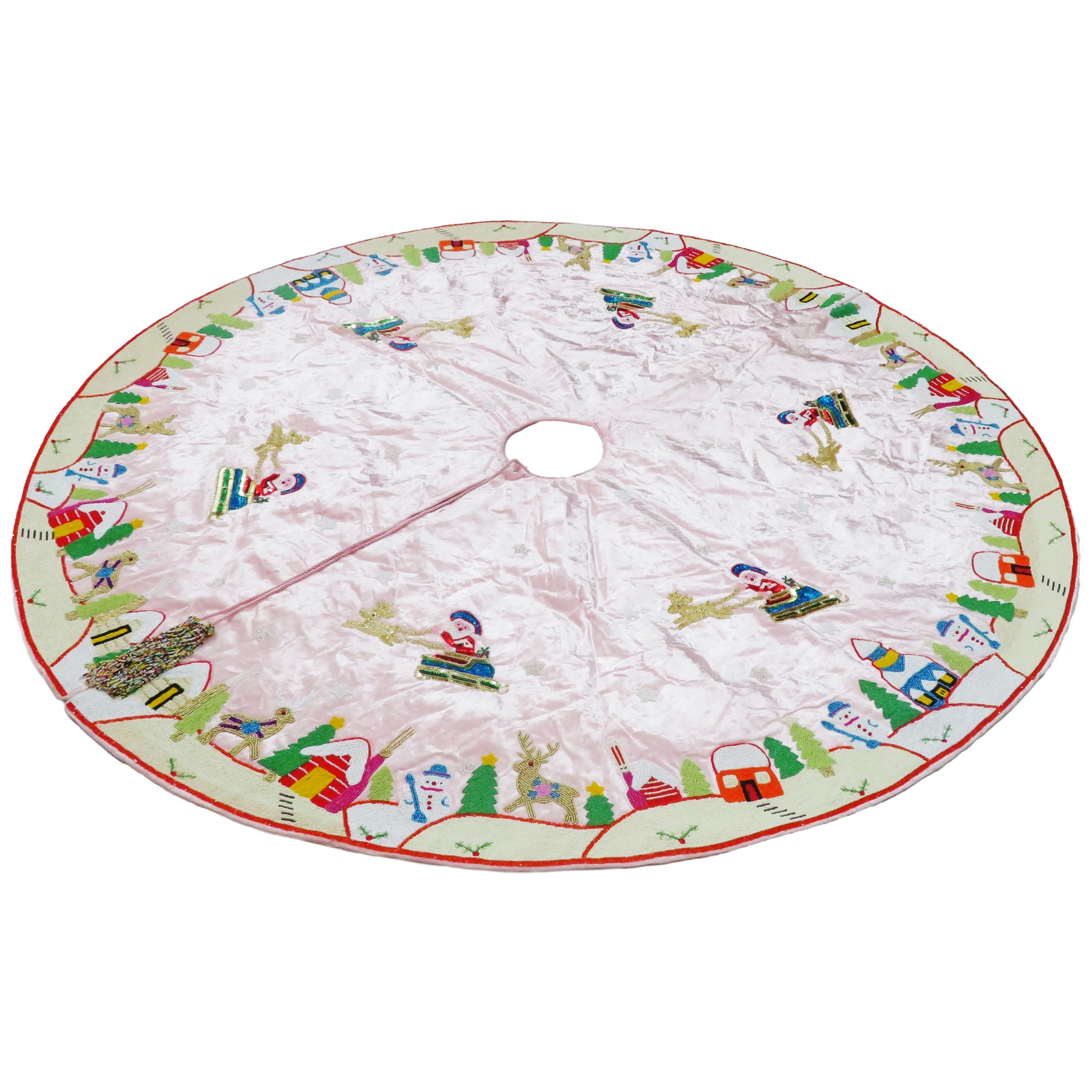 Tree Skirt, Light Pink Base w/Beaded Xmas Scenes - Image 3