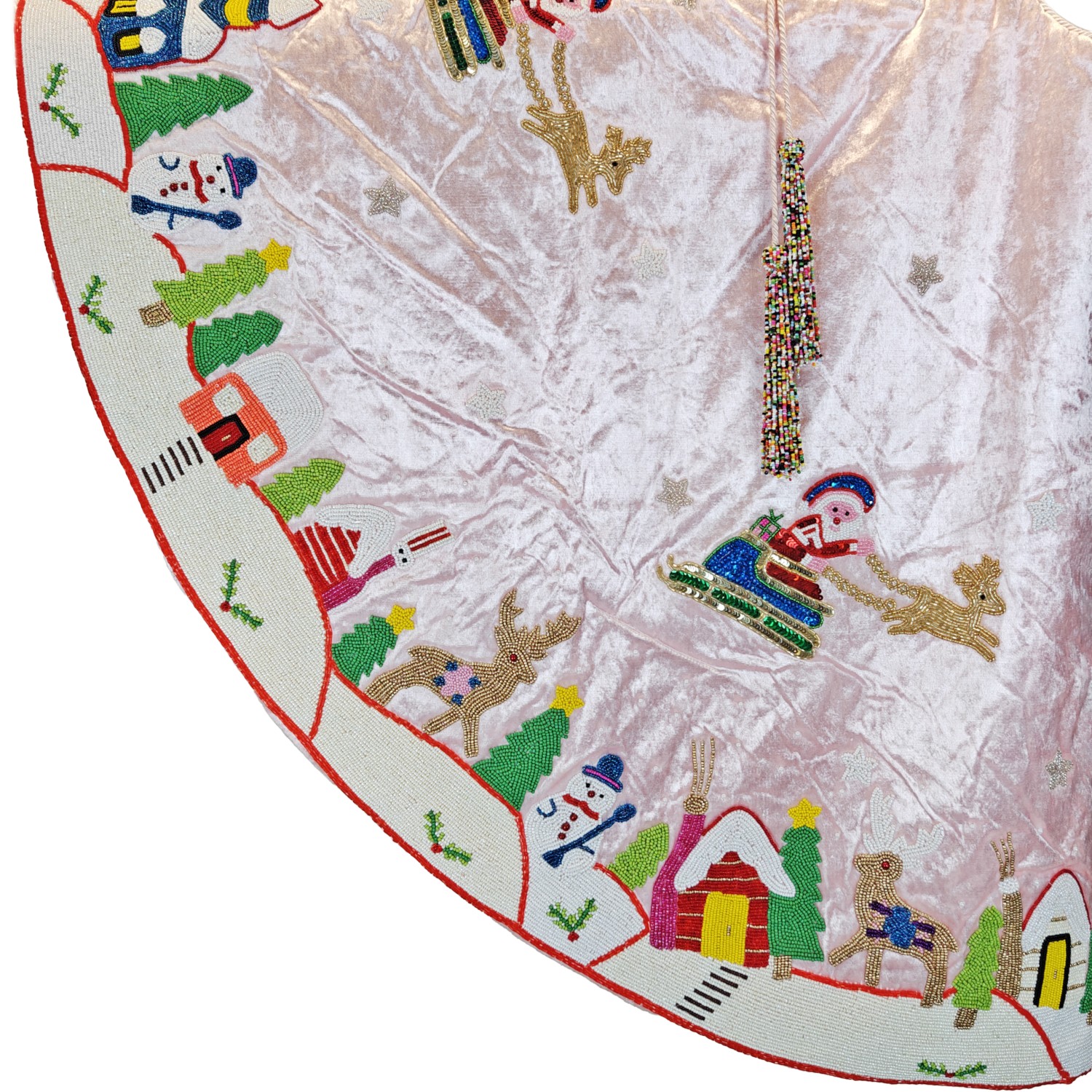 Tree Skirt, Light Pink Base w/Beaded Xmas Scenes