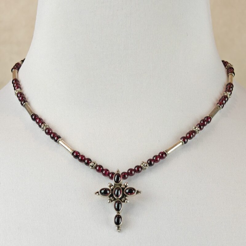 Garnet & Sterling Silver Necklace w/SS Cross Pendant - Image 3