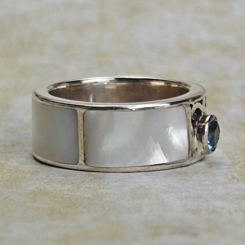 Aqua Marine & Mother of Pearl Inlay SS Ring (Size 6) - Image 3