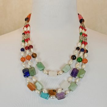 3-Strand Multi Semi Precious Stone & Pearls Necklace