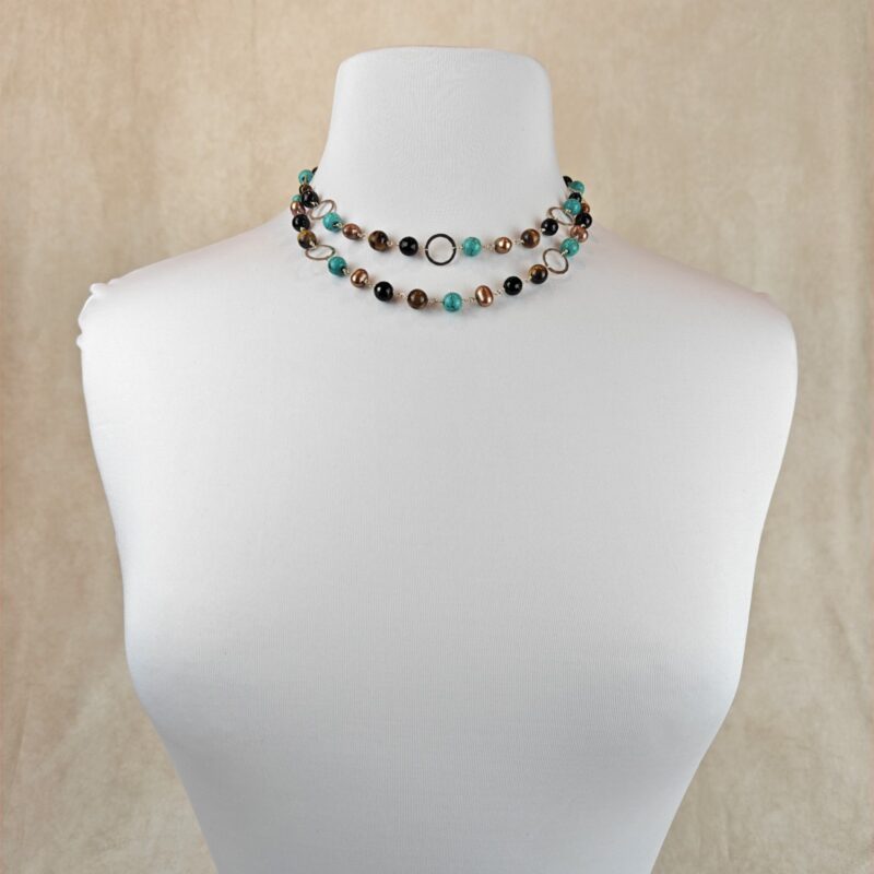 Double Strand Turquoise, Tiger's Eye Silver Plated Necklace - Image 2