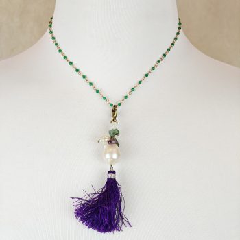 Emerald Agate Necklace w/Baroque Pearl Pendant