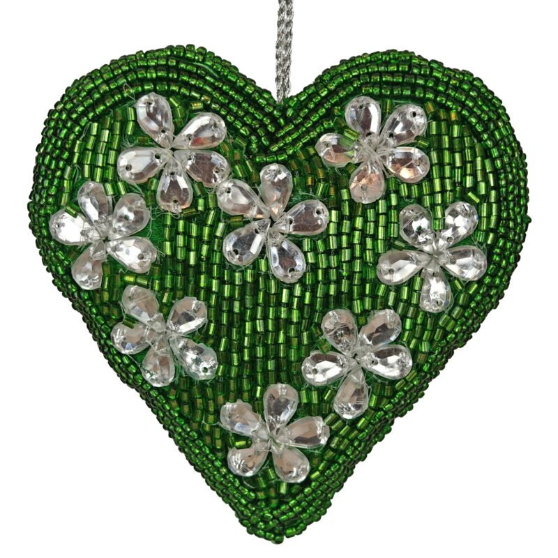 Dark Green Beaded Heart Orn