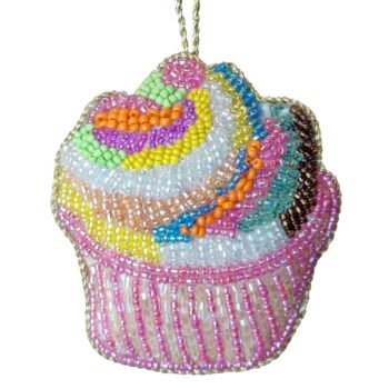 Hand Beaded Cupcake Ornament w/Colorful Frosting