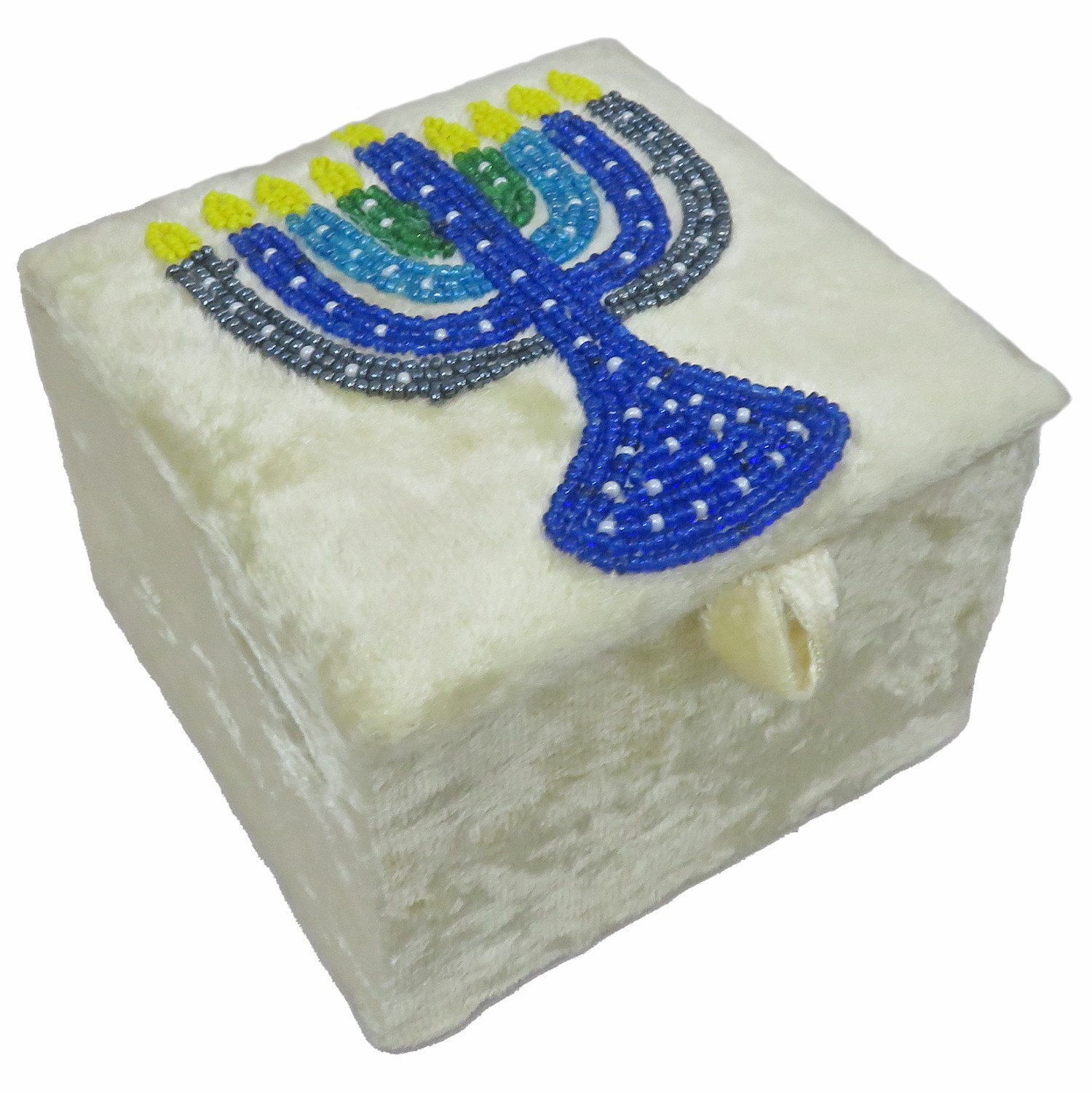 White Velvet Hanukkah Box w/Beaded Menorah