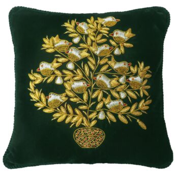 10" x 10" Green Ash Velvet Pillow w/Gold Embroidered Partridge in Pear Tree
