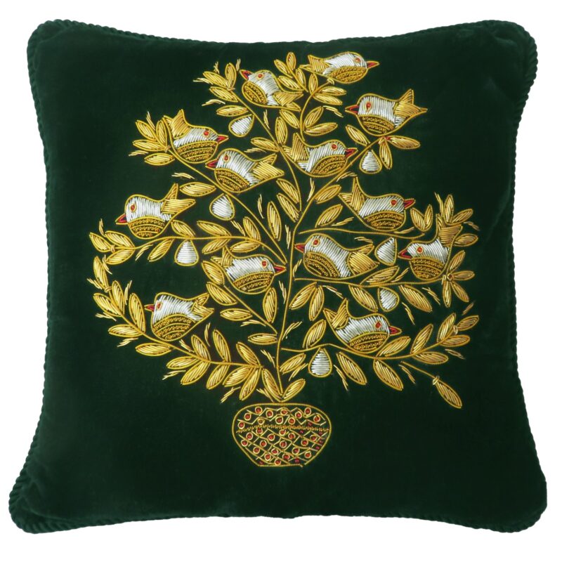 10" x 10" Green Ash Velvet Pillow w/Gold Embroidered Partridge in Pear Tree