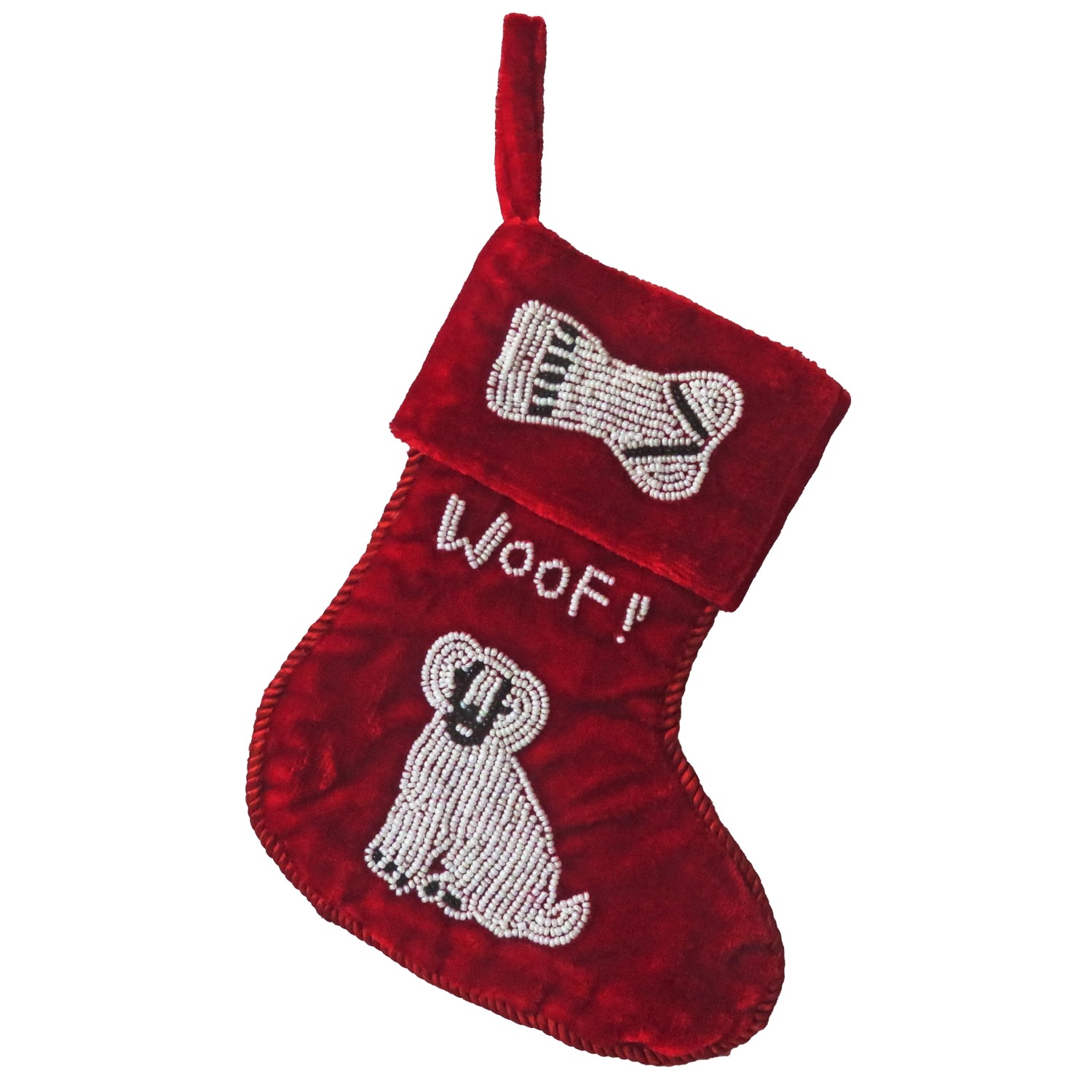 Beaded WOOF! Mini Stocking w/Dog
