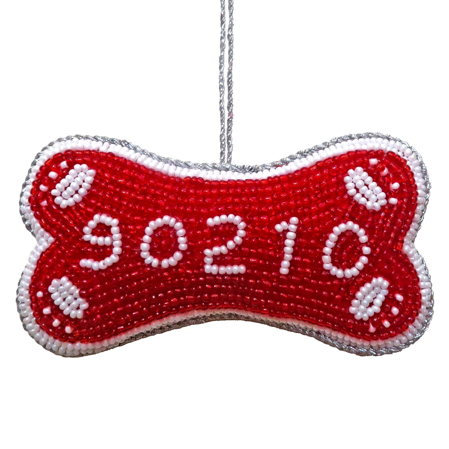 90210 Ornament Dog Bone In White On Red