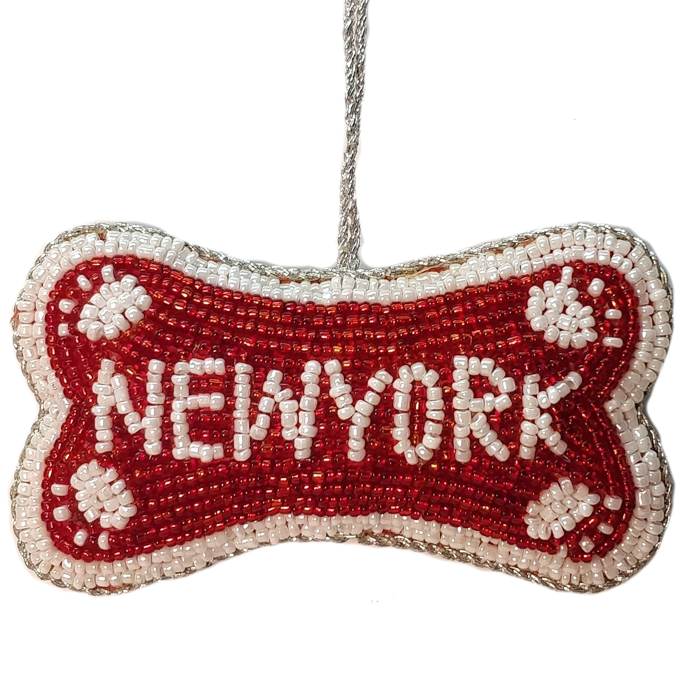 NYC Ornament Dog Bone "New York" In White On Red