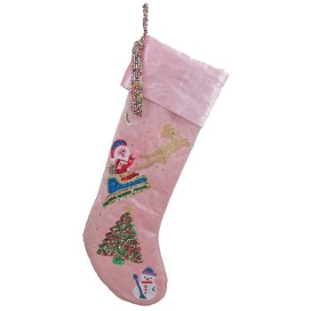 Pink Velvet Stocking w/Santa on Sleigh