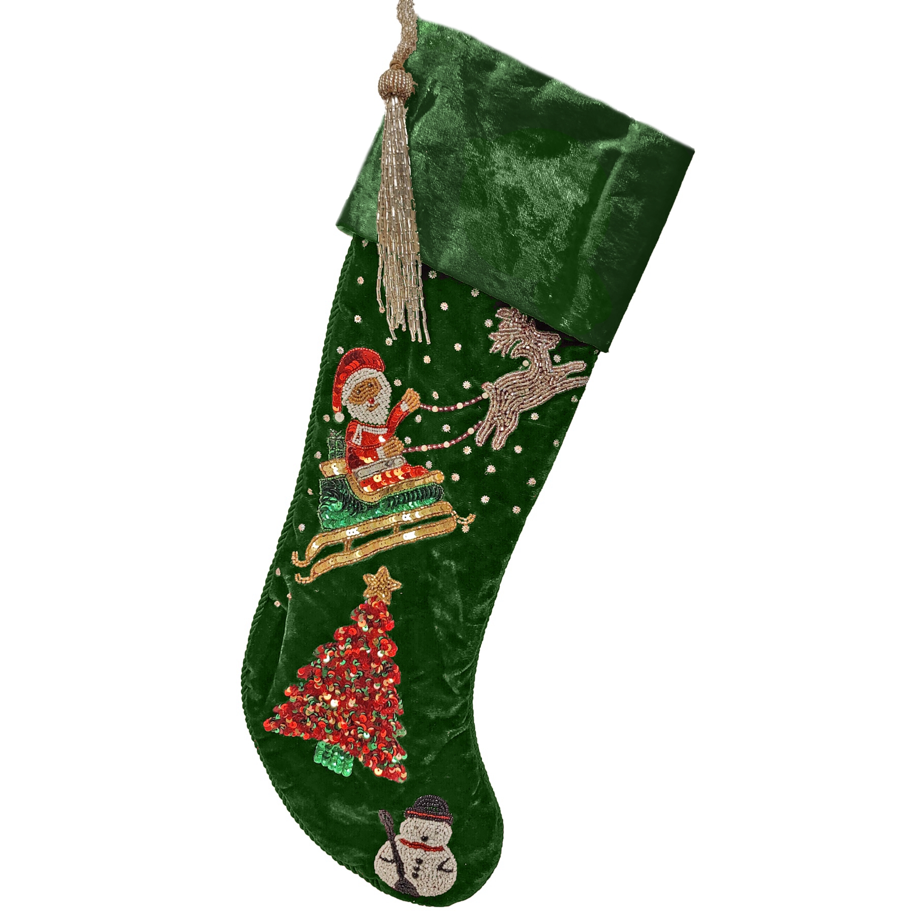 Green Velvet Stocking w/Santa on Sleigh