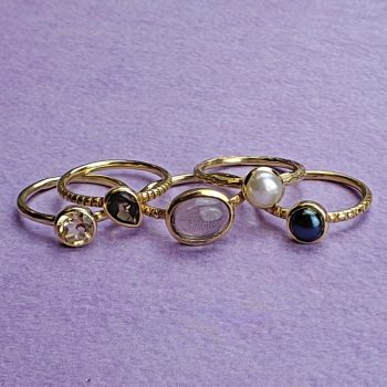 Set/5 Vermeil Rings: Citrine, Smokey Quartz, Pearl, Gray Pearl (7)