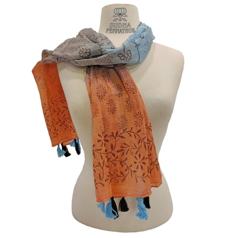 Blue & Orange Tie Dye Hand Block Printed Cotton Scarf - Image 2