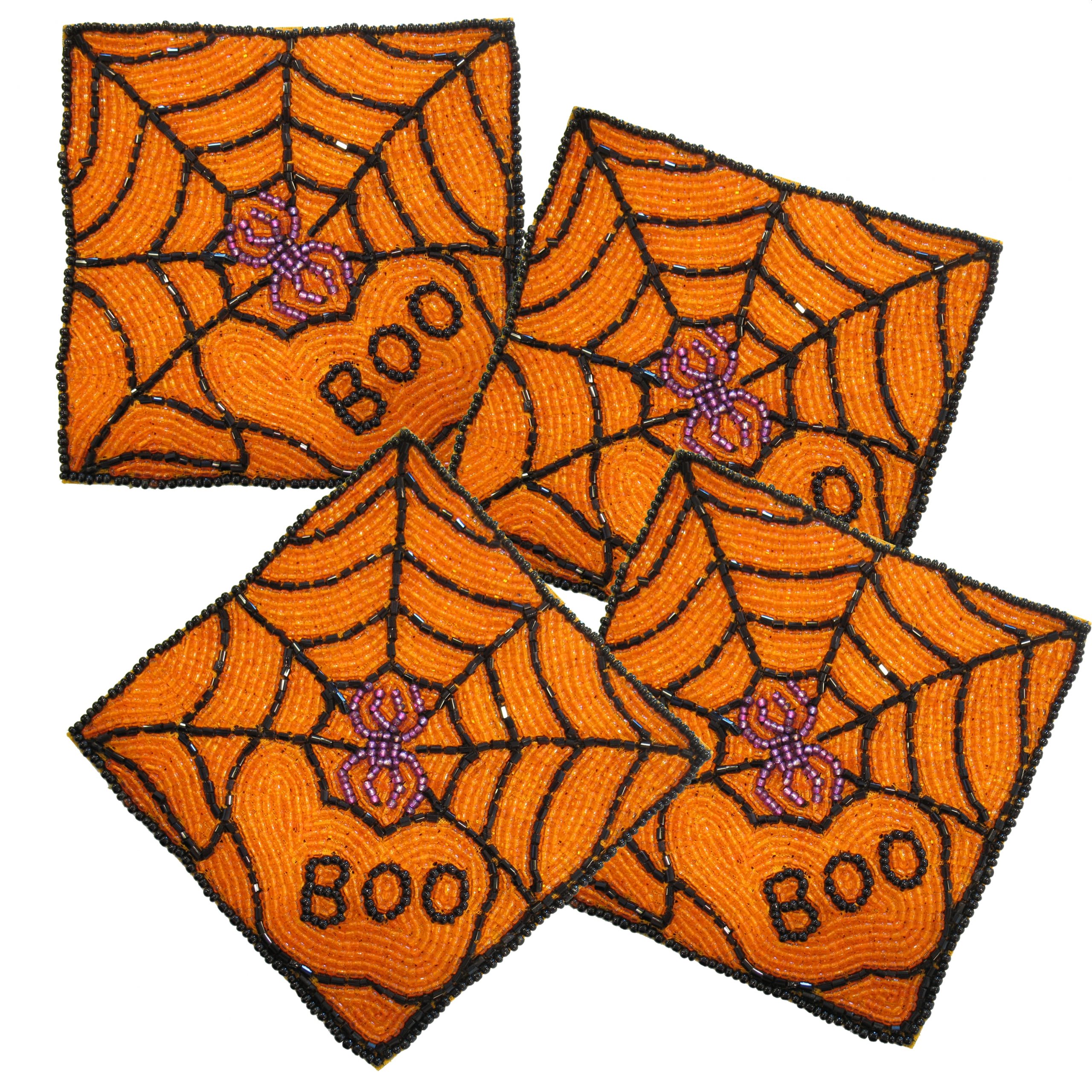 Halloween Coaster Set Of 4 Beaded Square Spiderweb w/"Boo"