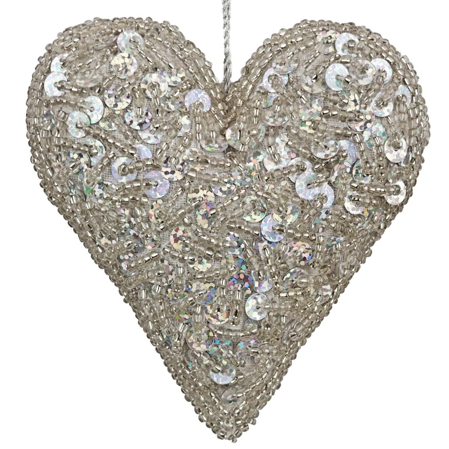 Silver Bead & Sequin Heart Orn