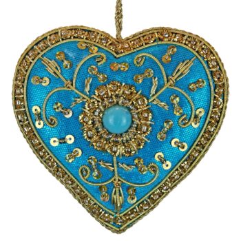 Turquoise Heart Orn w/Gold Embroidery
