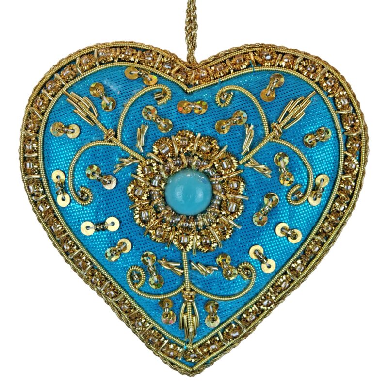 Turquoise Heart Orn w/Gold Embroidery