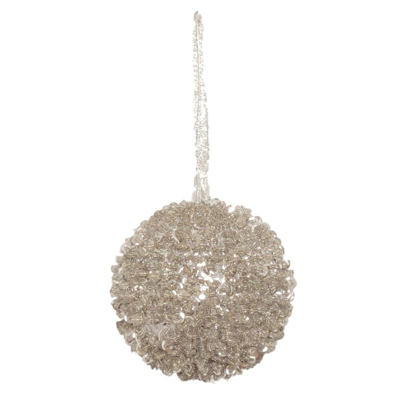 Ball Ornament Sequin & Beaded Silver 4" - Image 2