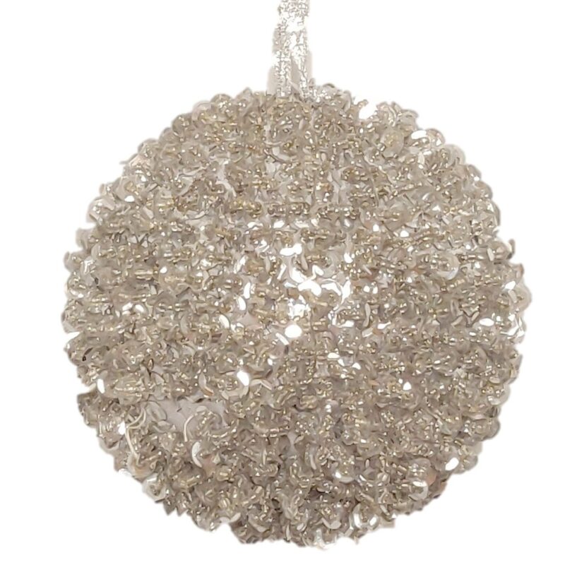 Ball Ornament Sequin & Beaded Silver 4"