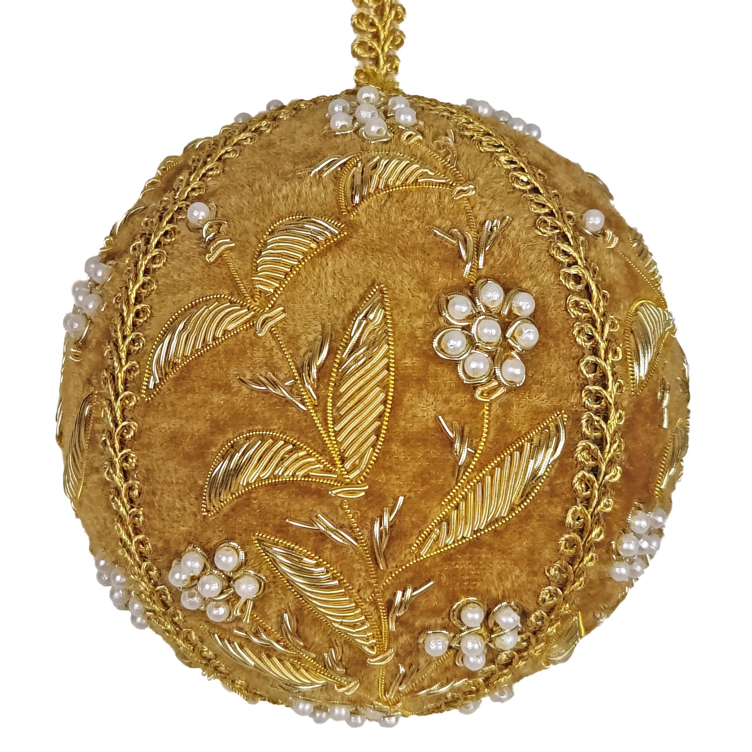 4" Gold Silky Velvet Ball Orn w/Gold Embroidery