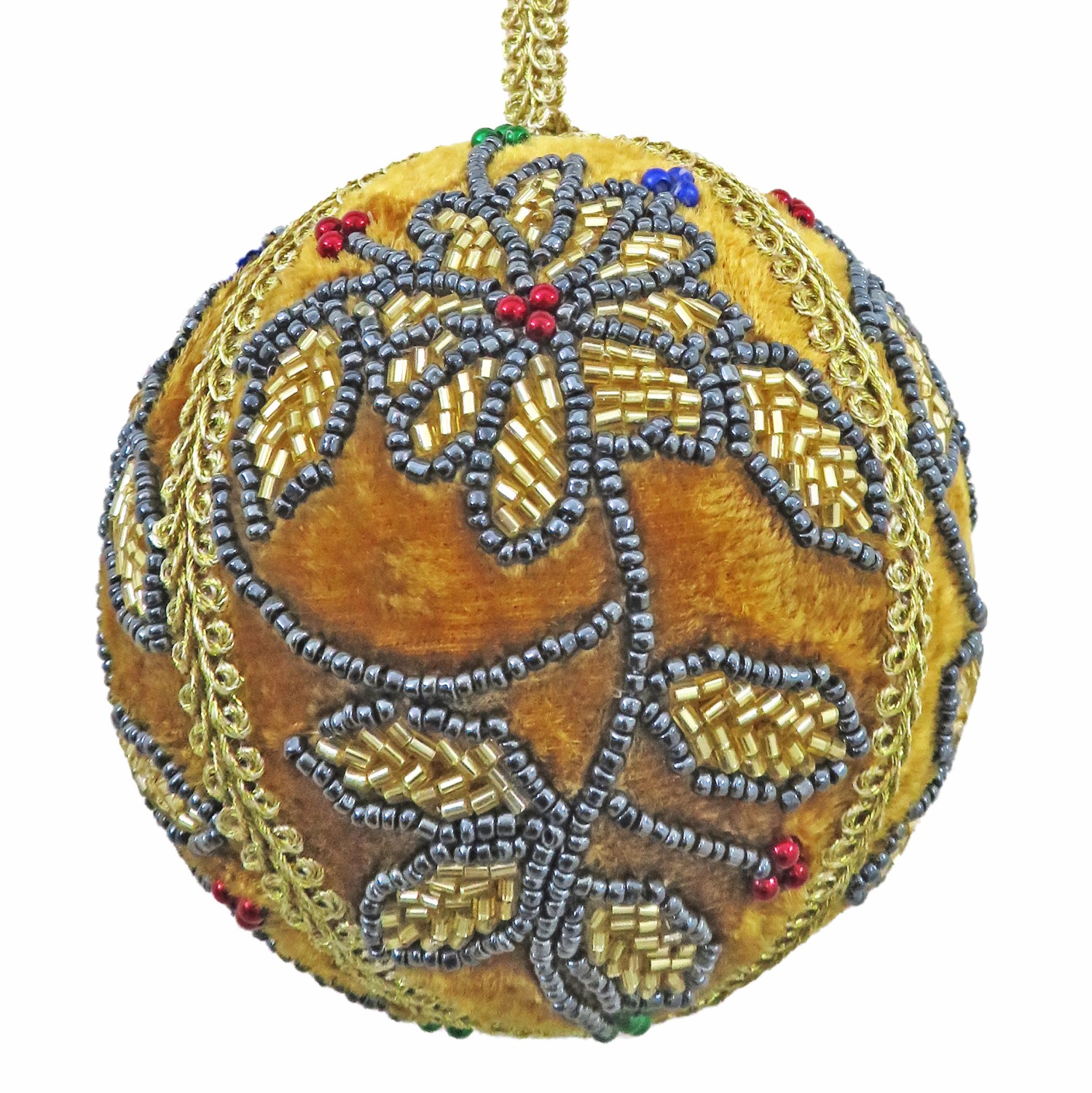 4" gold sily velvet bauble ornament w/gold and hematite beading, clusters of amethyst, ruby, and emerald color stones.
