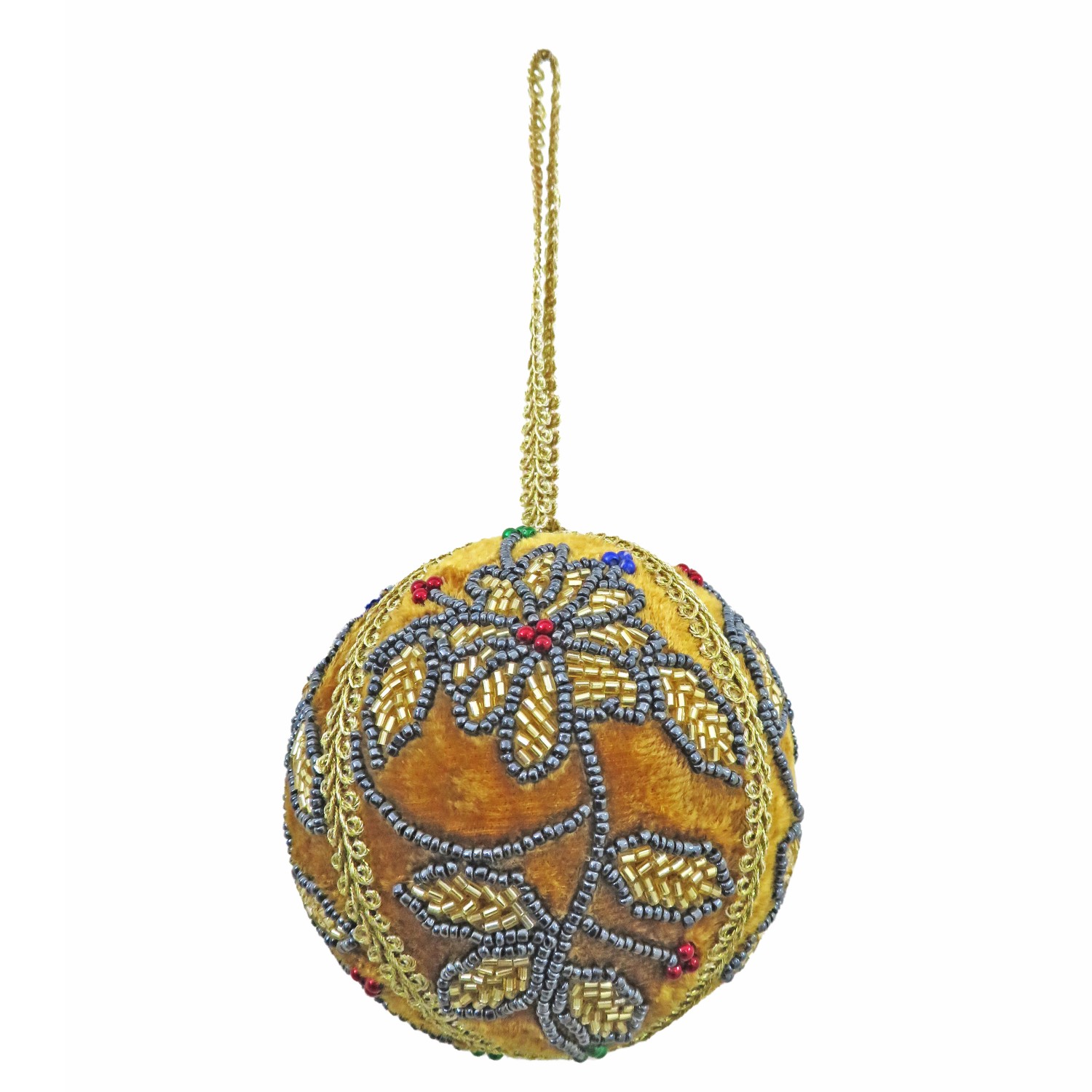 4" gold sily velvet bauble ornament w/gold and hematite beading, clusters of amethyst, ruby, and emerald color stones. - Image 2