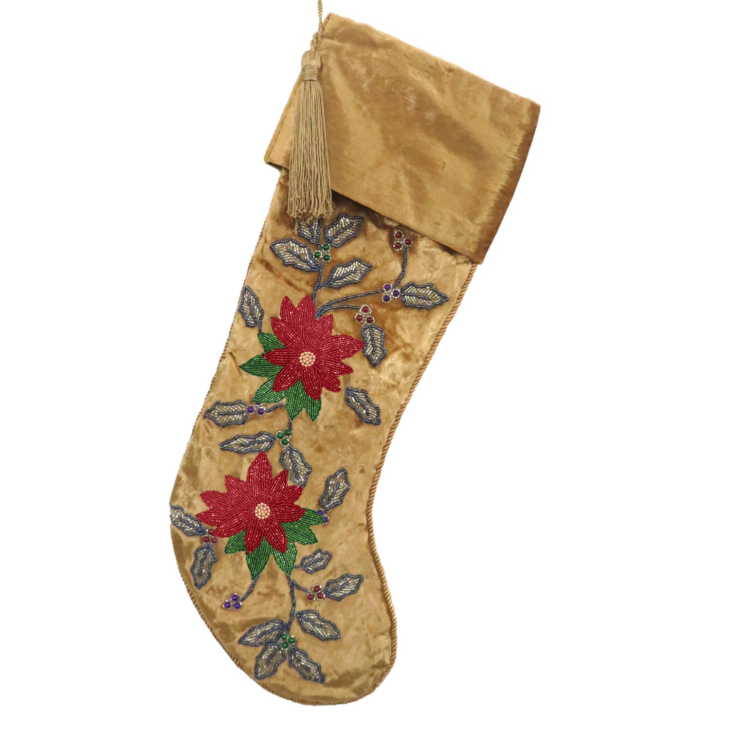 Gold Velvet Stocking w/Vine & Poinsettias