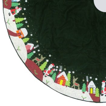 Green Ashwani Velvet Tree Skirt w/Beaded Santa Scenes Border