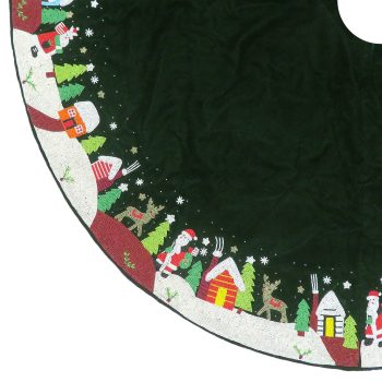 Green Ashwani Velvet Tree Skirt w/Beaded Santa Scenes Border