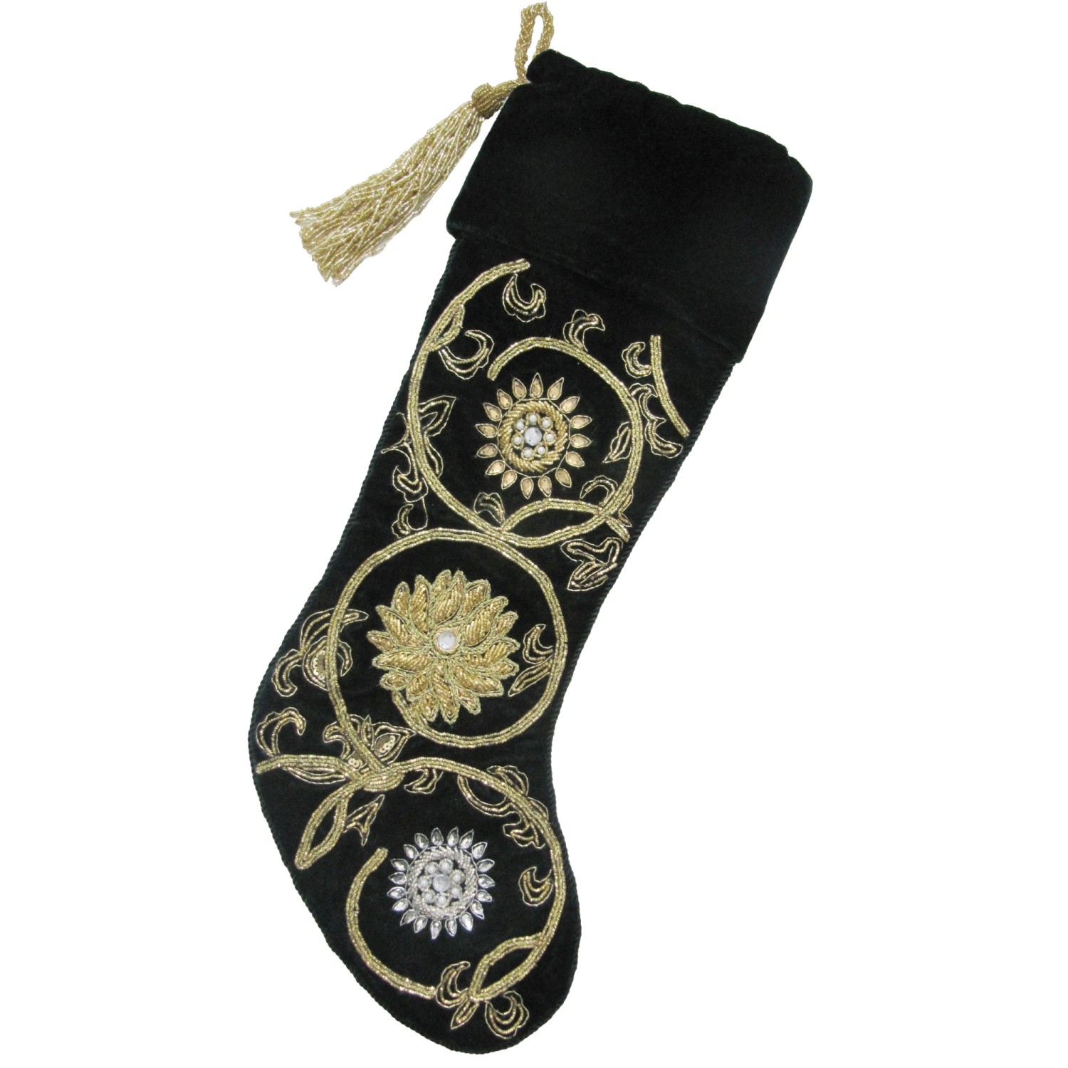 Stocking Green w/Gold Swirl Emb & Silver & Gold Flowers