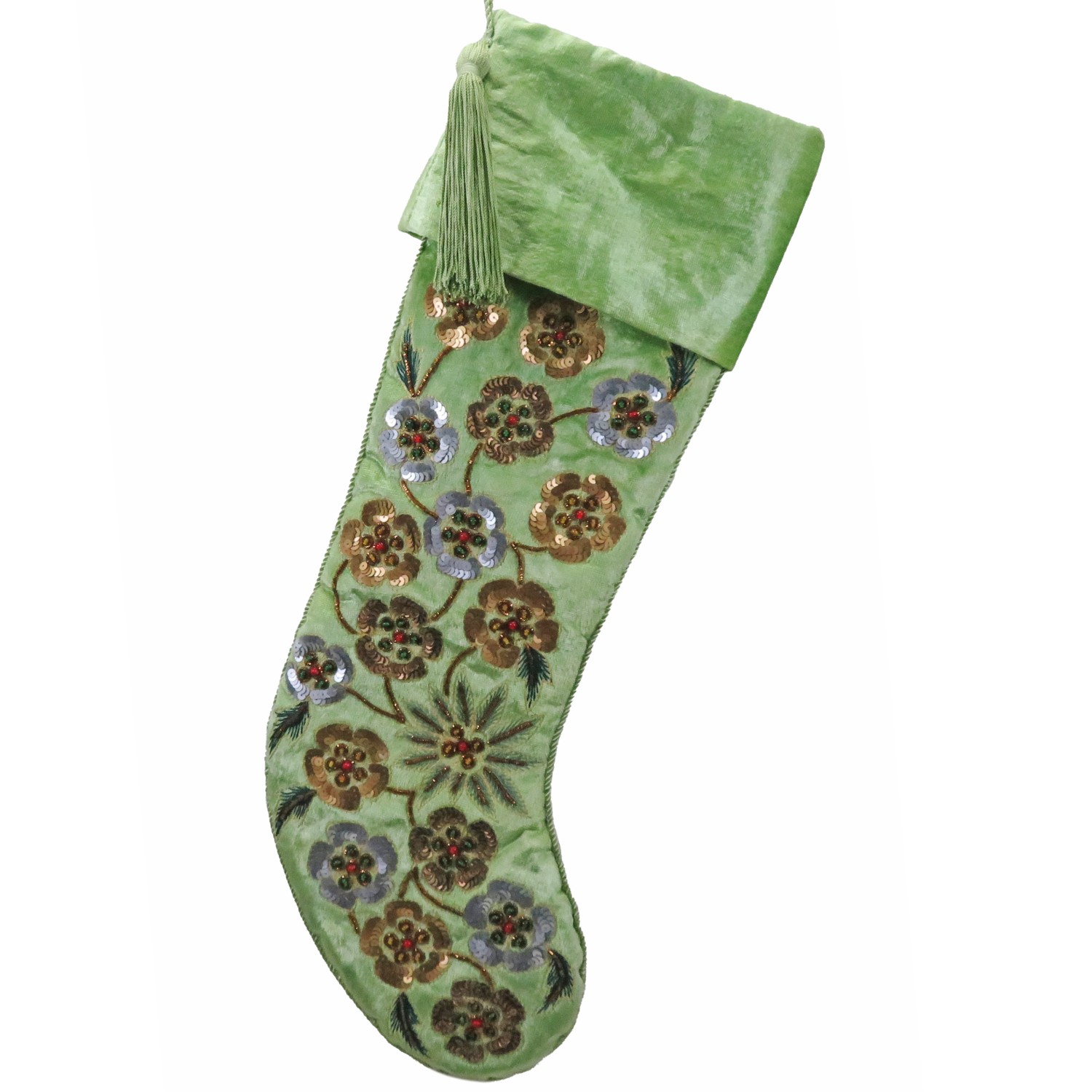 Green Velvet Stocking w/Sequin Flowers