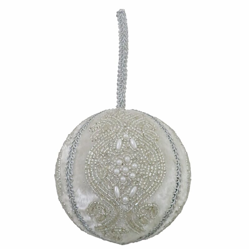 4" White Ash Velvet Silver Beaded Ball - Image 2