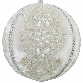 4" White Ash Velvet Silver Beaded Ball