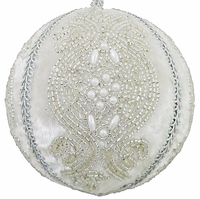4" White Ash Velvet Silver Beaded Ball