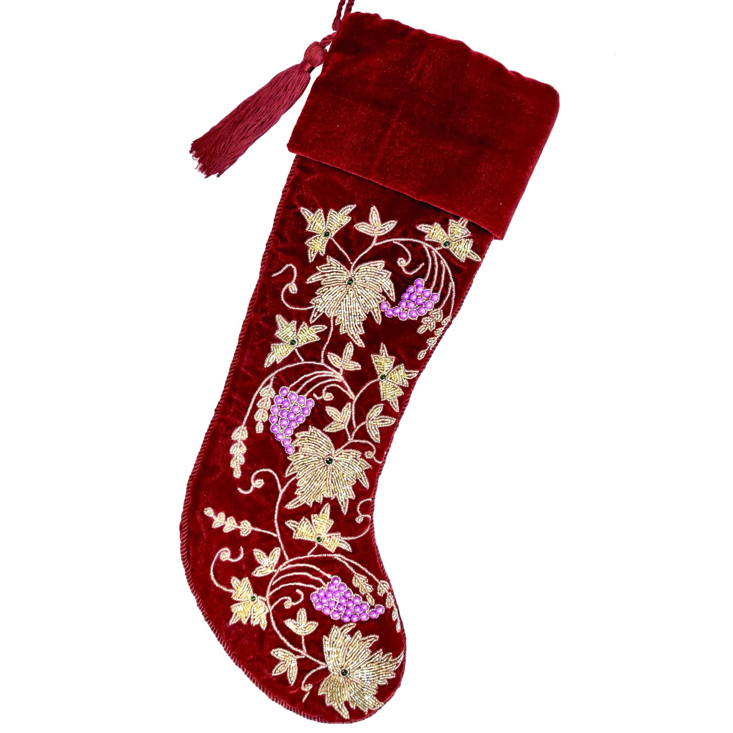 Red Ashwani Velvet Stocking w/William Morris Bead Embroidery