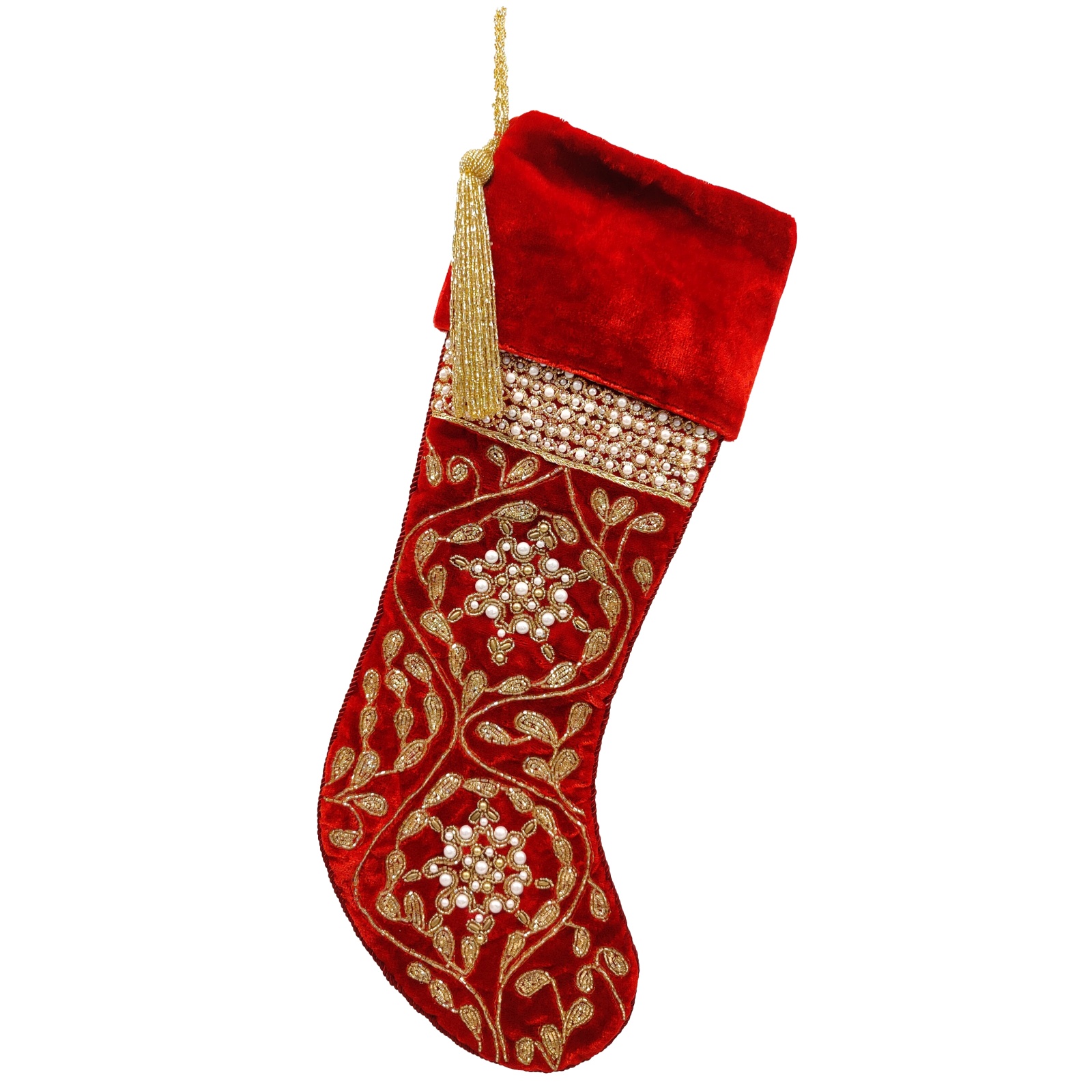 Red Stocking w/Heavy Pearl Border Under Cuff