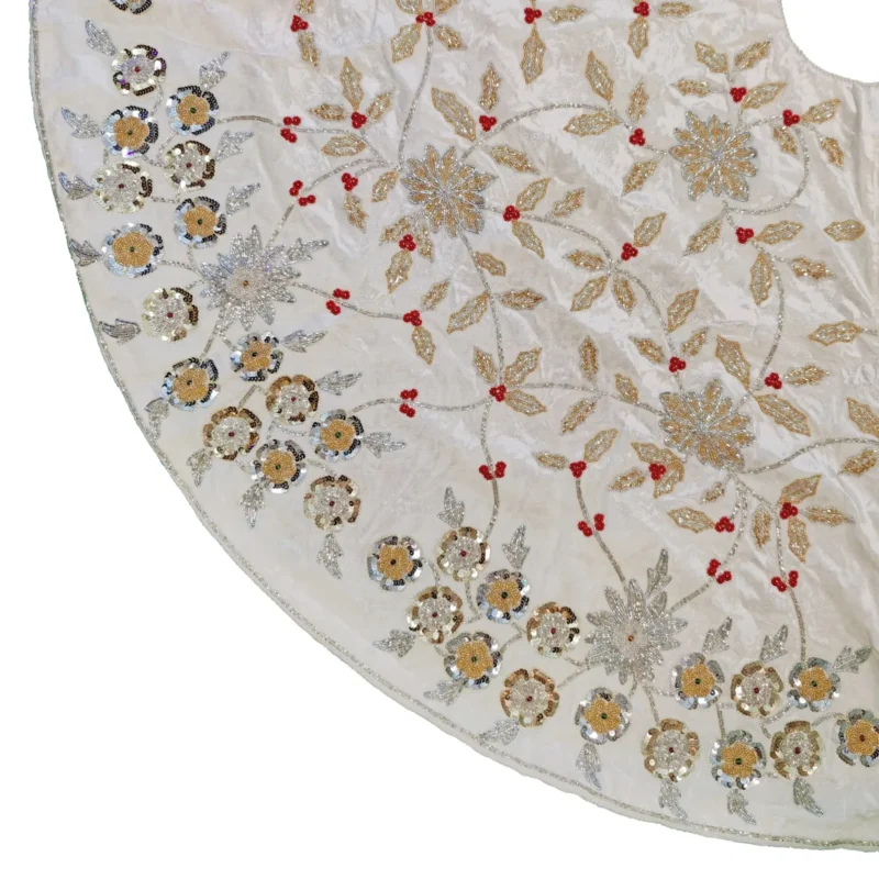 60" White Velvet Tree Skirt w/Beaded Flowers