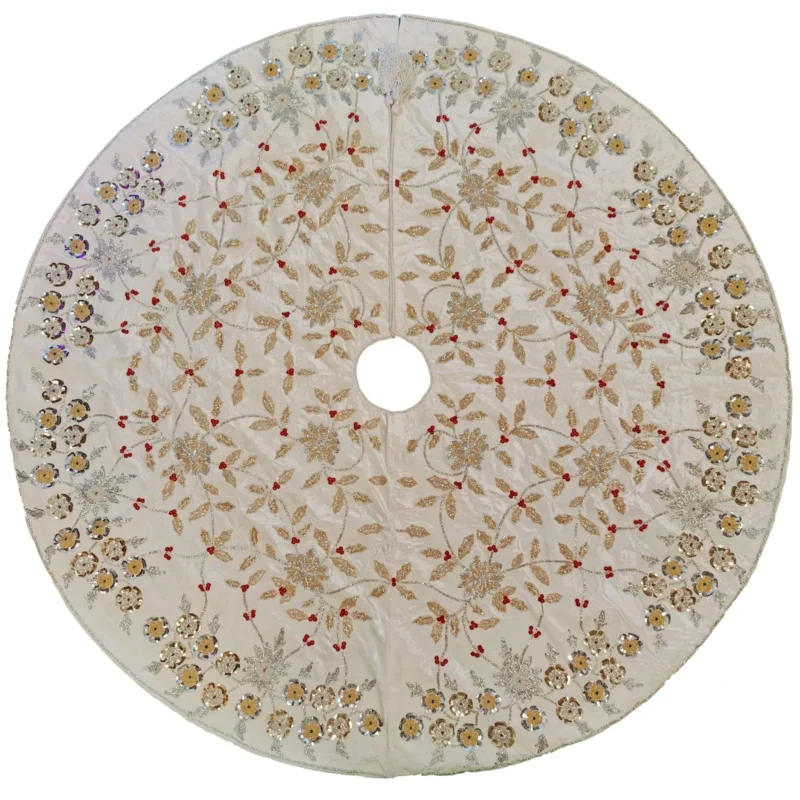 60" White Velvet Tree Skirt w/Beaded Flowers - Image 2