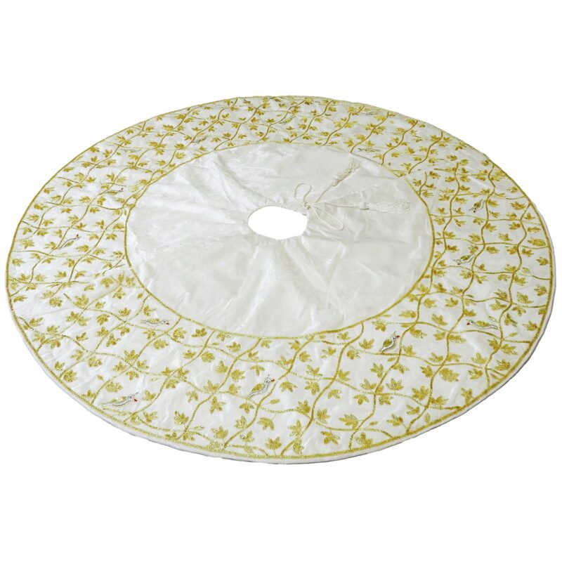 60" Skirt White Velvet w/Gold Lattice Vine Silver Partridge - Image 2
