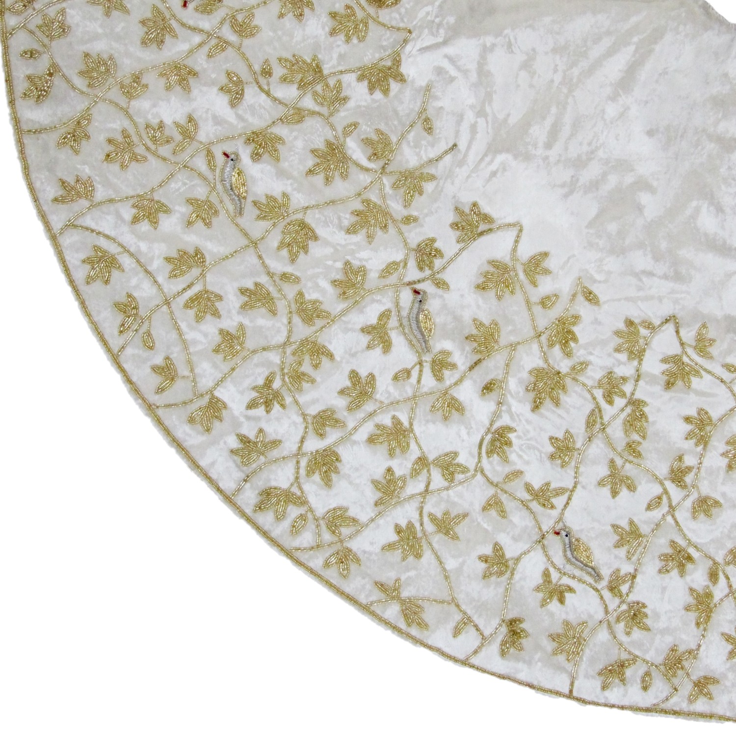 60" Skirt White Velvet w/Gold Lattice Vine Silver Partridge