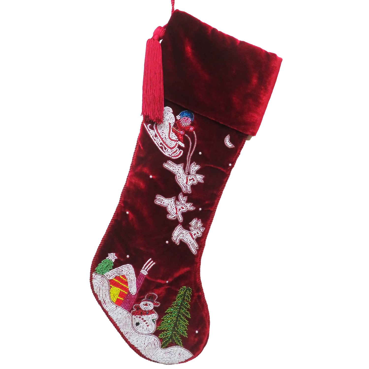 Red Ash Velvet Stocking w/Xmas Scene & Santa on Sleigh