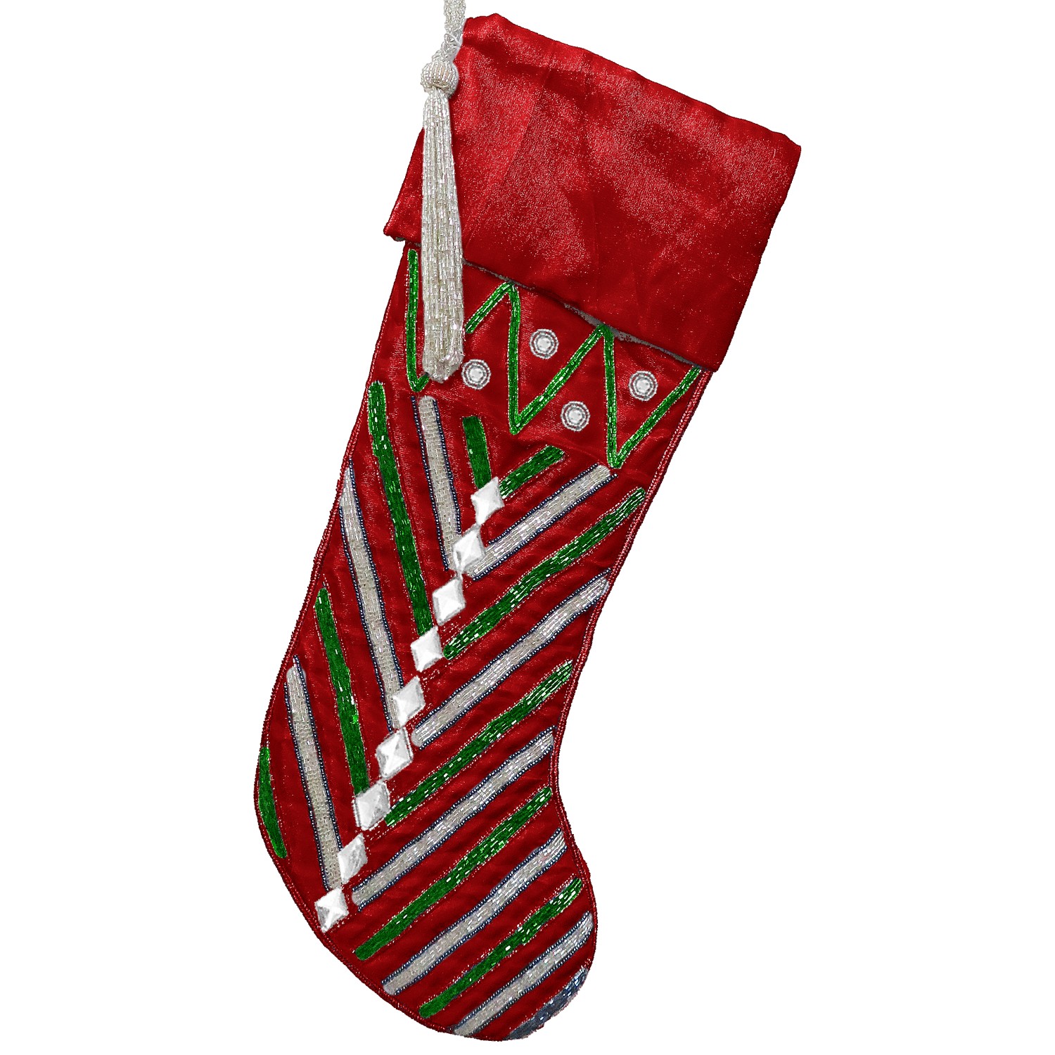 Red Ash Vel Stocking w/Green & White Beaded V's + Crystals