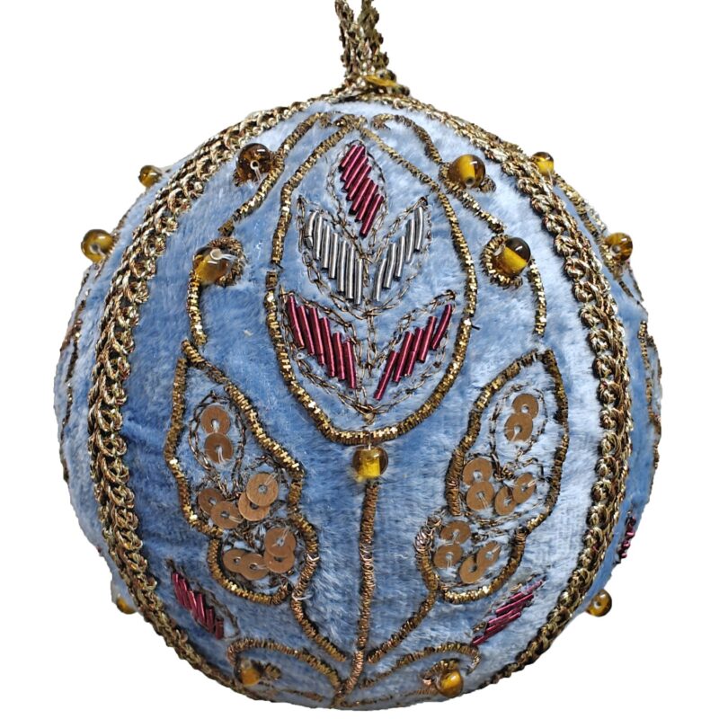 4" Silky Blue Embroidered Velvet Ball