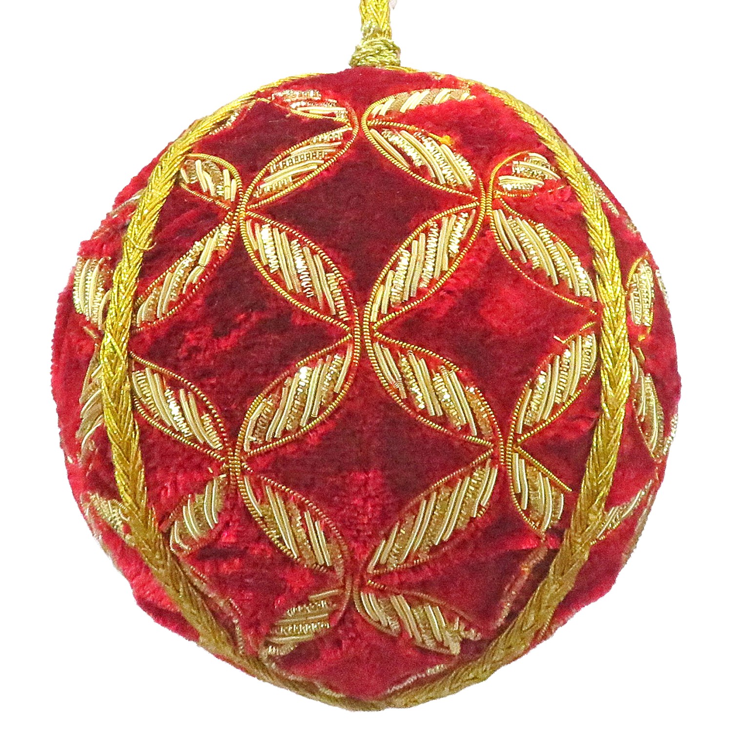 4" bauble deep red velvet base & heavy gold emb