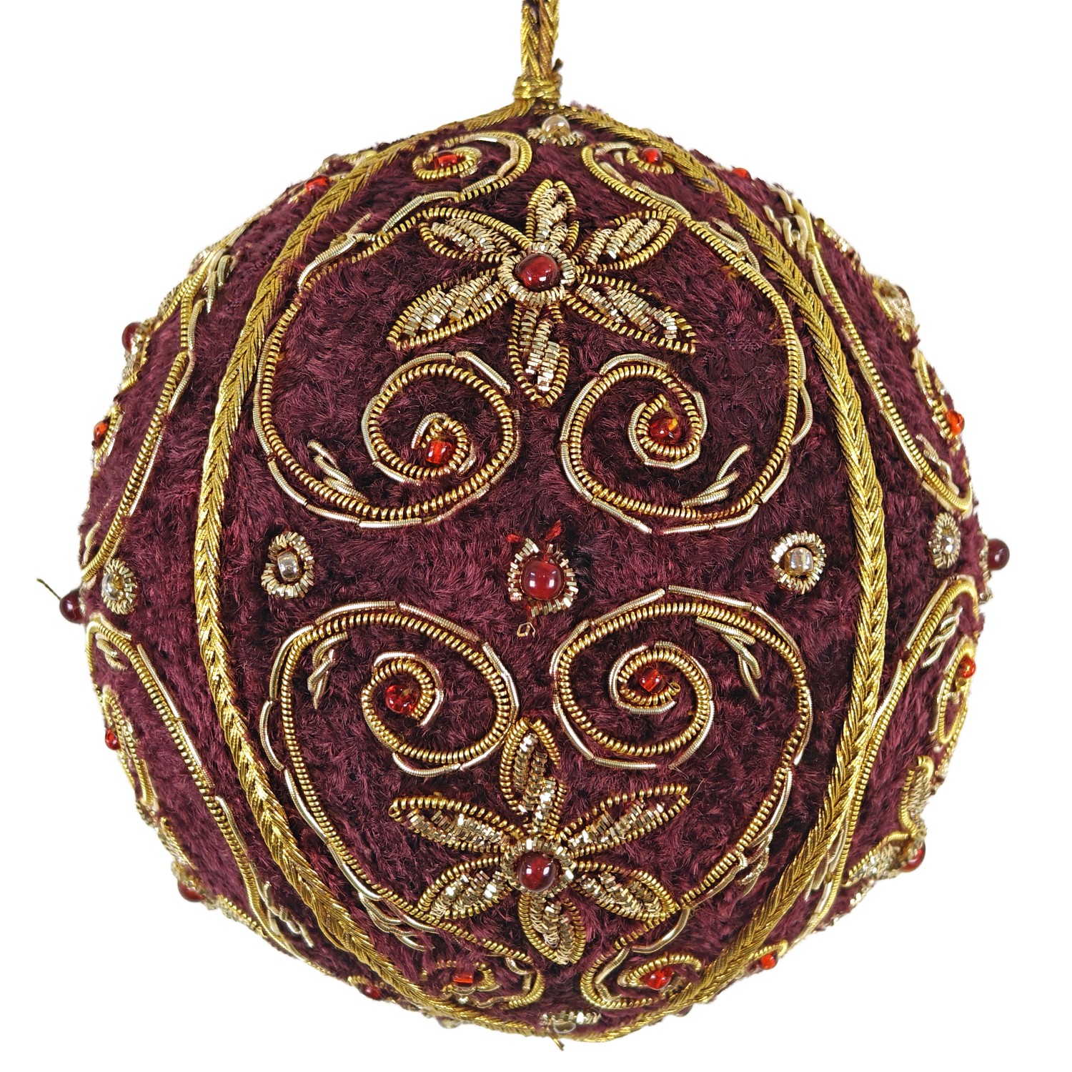 4" Maroon Velvet Ball Orn w/Gold Embroidery & Red Stones
